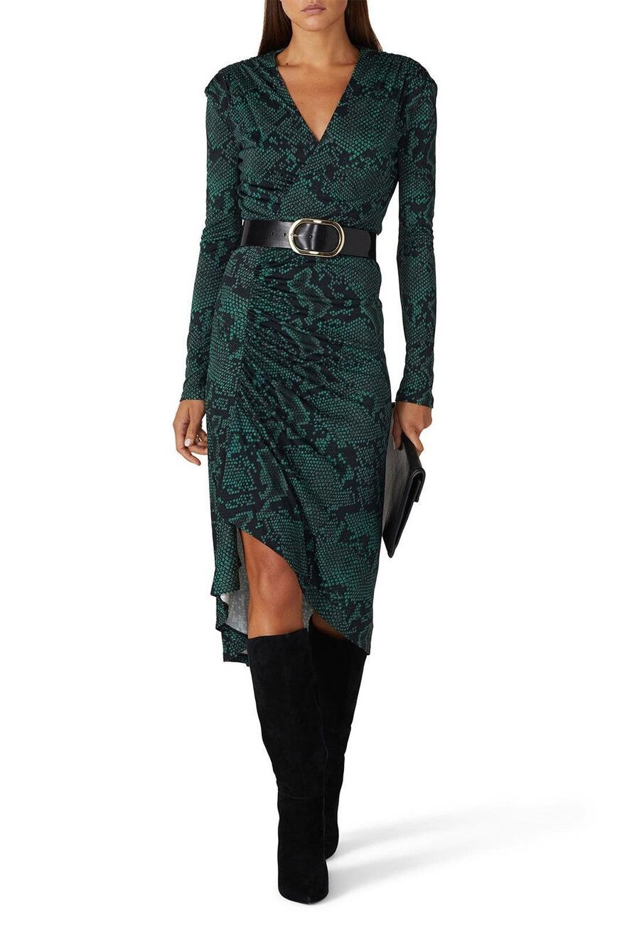 Atlein Green/Black Long Sleeve Bodycon Sheath Snake Print Midi Dress Size EU 34